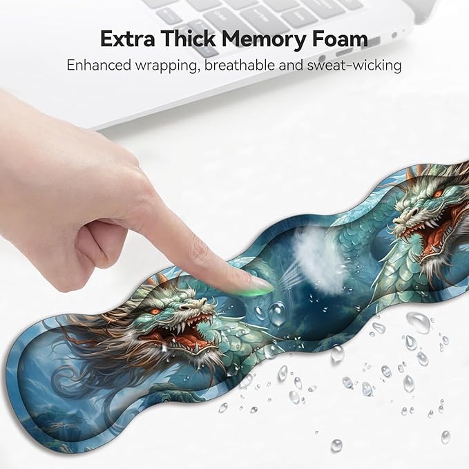 Mouse Wrist Rest and Keyboard Wrist Rest Pad+ Coaster Set Non-Slip Rubber Base Smooth Surface Ergonomic Gaming Mouse Pad for Easy Typing and Pain Relief Azure Dragon