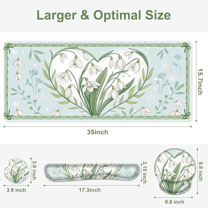 Floral Desk Mat 4in1 Large Mouse Pad with Wrist Rest Desk Matt for Desktop Desk Pad Mat Anti-Slip XXL Big Computer Ergonomic Mousepad with Wrist Support for Keyboard and Mouse I Green Flower Heart