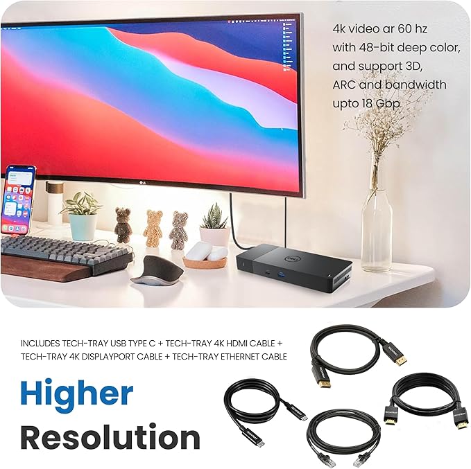 Dell WD22TB4 Thunderbolt 4 Dock 180W - 40Gbps 3-Year Warranty USB-C/USB-A Dell Docking Station with 180W Adapter + Techtray Cables &amp Cloth - Supports Dual/Triple Monitor &amp 4K Displays (New)