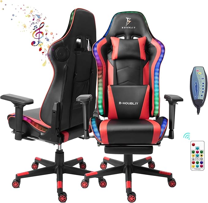 TBQATNTS RGB Gaming Chair with Bluetooth Speakers Black Massage Reclining Gaming Chair with Footrest 4D Handrail Lumbar Support Ergonomic Gaming Computer Chair for AdultsRed