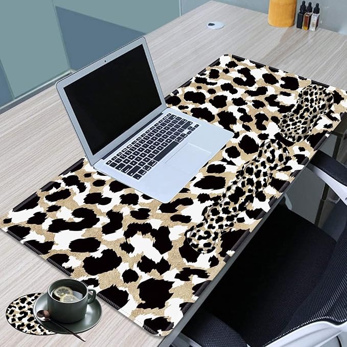 Gaming Mouse Pad Set Large Gaming Mouse Pad+Keyboard Wrist Rest+Mouse Wrist Rest+Coaster Easy Typing Pain Relief 31.5 × 11.8 inch Desk Mat for Home Office Cute Leopard Print