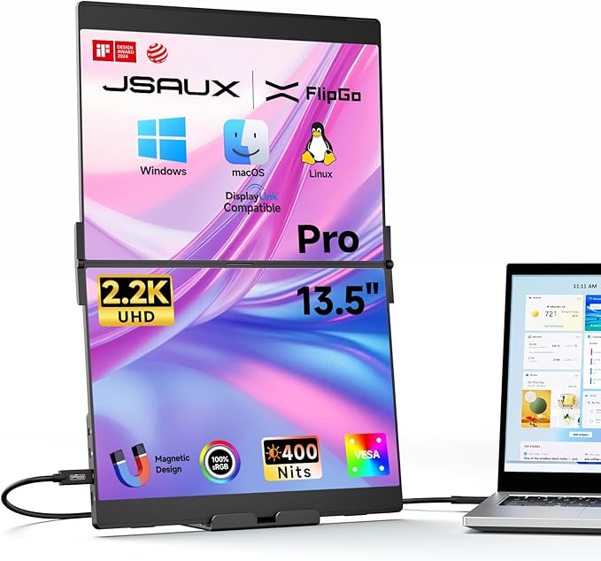 JSAUX FlipGo Pro 13.5 Dual Portable Monitors 2.2K Triple Laptop Screen Extender Portable IPS Dual-Screen Monitor for Laptop[for Windows/Linux/macOS] One Cable to Dual/Magnetic Design/DisplayLink
