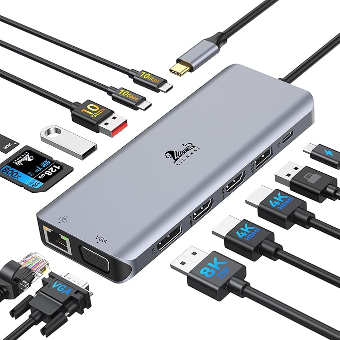 Laptop Docking Station 4 Monitors Dual HDMI+8K DP+VGA 10Gbps 100W PD 6 USB C/A Ports Ethernet SD/TF LIONWEI 13 in 1 USB C Hub for MacBook/Dell/HP/Surface