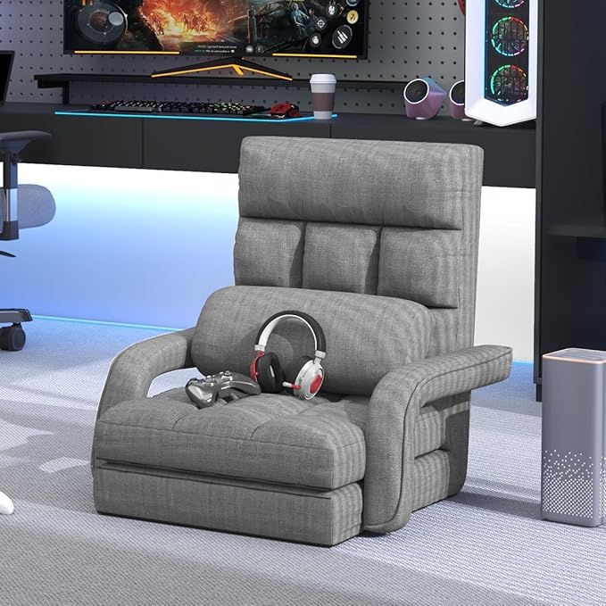 Floor Gaming Chair 6 Position Adjustable Indoor Chaise Lounge for Teens Adults Padded Folding Sofa with Armrests and Pillow Comfy Chair for Meditation Reading Light Grey