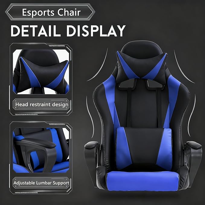 Blue Gaming Chair | Ergonomic High Back Desk Chair Racing Style with Lumbar Support Headrest &amp Arms - Heavy Duty Swivel Computer Chair for Office
