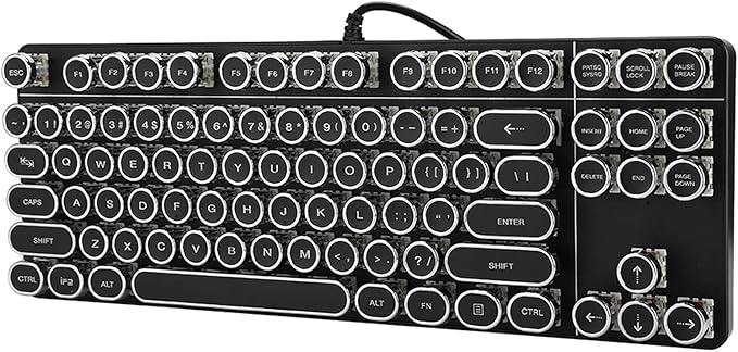 Mechanical Gaming Keyboard Retro Punk Typewriter Style USB Wired Computer Keyboard with RGB Backlit and Round Keycaps Plug and Play Black Ergonomic PC Keyboard for Laptop