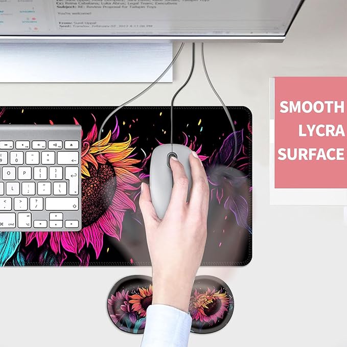 Mouse PadLarge Desk Mat Set 4in1 XL Mousepad + Keyboard Wrist Rest+Mouse Wrist Rest+Coaster with Ergonomic Desk Pad for Home Office Table Computer Cover -Neon Colorful Sunflowers