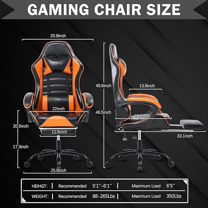 Gaming Chair Computer Chair with Footrest and Lumbar Support Ergonomic Video Game Chair with Headrest and 360°-Swivel Seat Height Adjustable Gamer Chair Office Desk Chair (Orange)