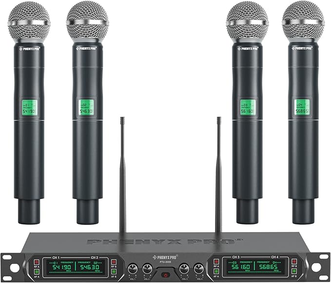 Phenyx Pro Wireless Microphone System 4-Channel UHF Wireless Mic Fixed Frequency Metal Cordless Mic with 4 Handheld Dynamic Microphones 260ft Range Mics for Singing Church(PTU-5000-4H)