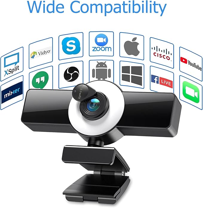 1080P Webcam with Microphone Web Camera with Fill Light Privacy Cover and Tripod Computer Camera for Zoom Meeting Streaming Video Call