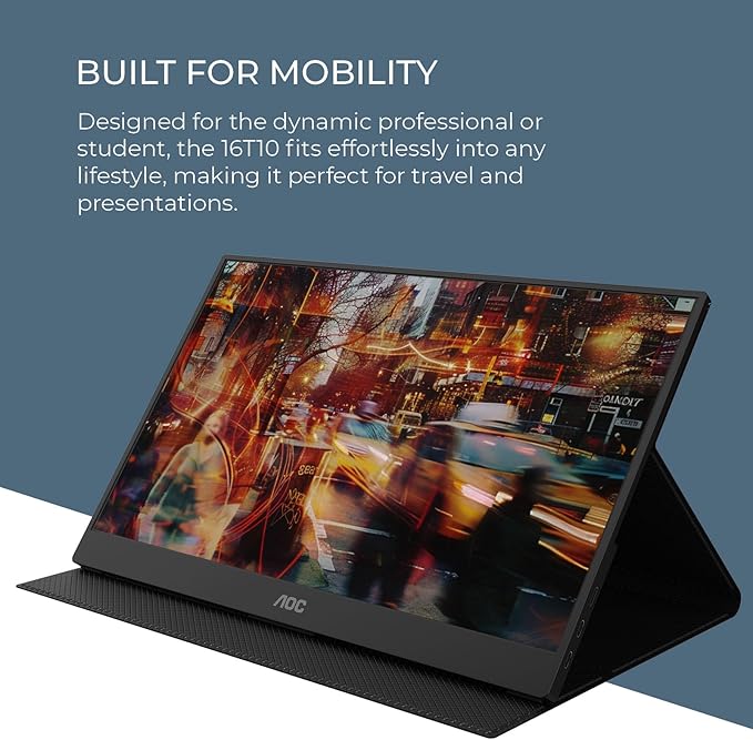AOC 16T10 Portable Monitor 15.6 Inch FHD 1920x1080 IPS Panel USB Type C x2Mini HDMI x1 Smart Cover Included (Renewed)