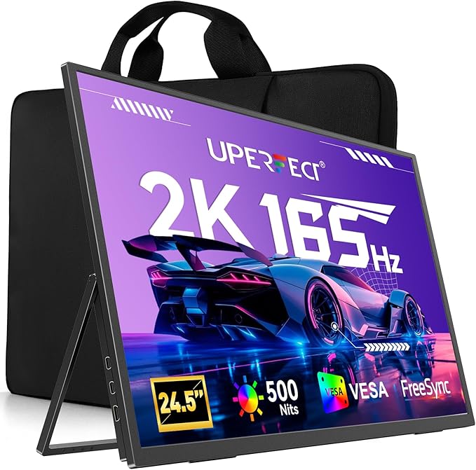 UPERFECT 24.5 2K Portable Monitor 165Hz Gaming Monitor 1ms FreeSync HDR IPS Large Mobile Screen Built-in 180° Adjustable Stand/VESA USB-C HDMI Second Screen for Laptop Phone Game Console