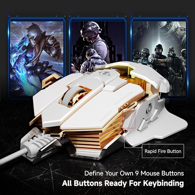 EWEADN G5 Wired Gaming Mouse Ergonomic RGB Computer Mouse 12800 Adjustable DPI 9 Programmable Macro Buttons with Rapid Fire Key Compatible for PC/Laptop/Windows-White