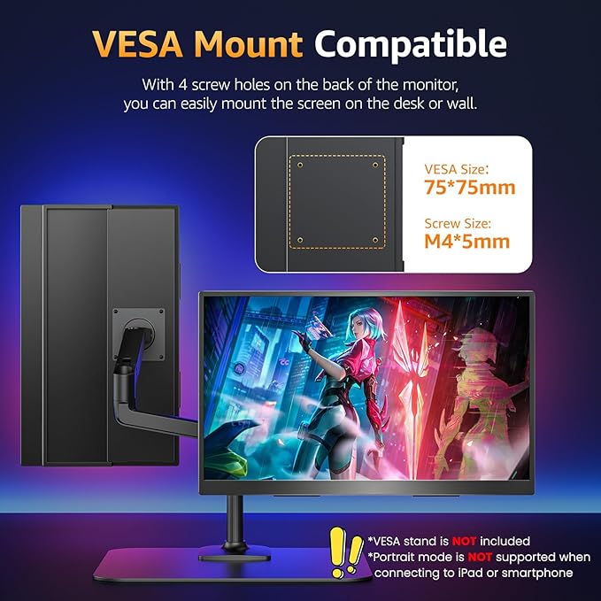 Portable Monitor 18.5 inch FHD 125% sRGB 100Hz IPS HDR HDMI USB-C Travel Monitor for Laptop MacBook PC Surface PS5 Xbox Large External Display with Kickstand &amp Speakers VESA Compatible
