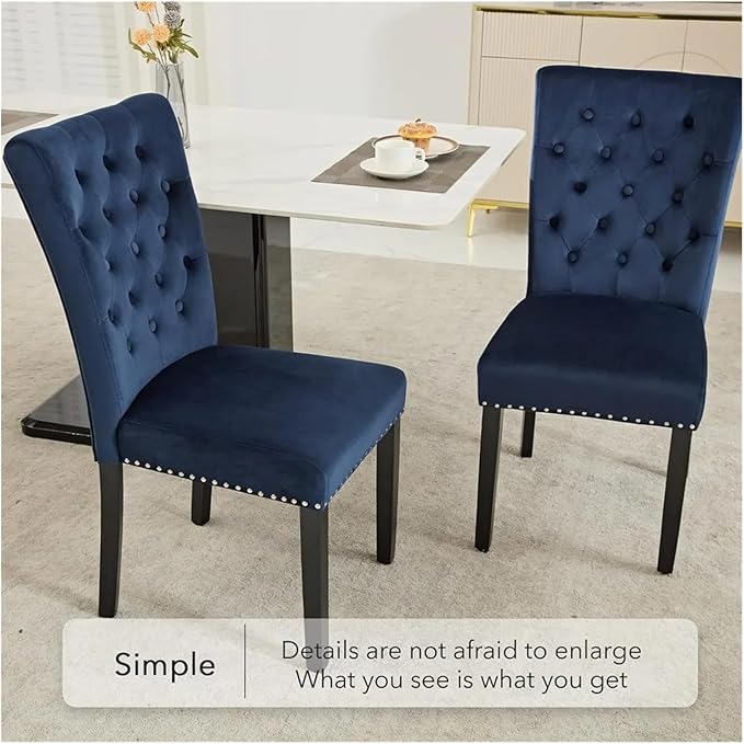 Adjustable Office Computer Chair with Armrest 1pcs Blue Velvet Upholstered Tufted Button Backrest Solid Wood Frame Dining Room Chair