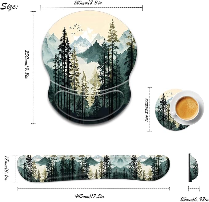 Bxgolkgd Ergonomic Gel Mouse Wrist Rest Pad and Keyboard Pad SetAnti-Slip PU Bottom Easy Typing and Relieve Wrist Pain with Cute Coaster Set (3-Mountain Forest)