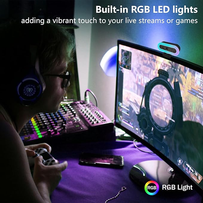 2K Webcam for PCStreaming Computer Camera with Fill RGB LightsAutofocus Webcam with Microphone and CoverPlug-Play USB Web cam for Desktop ComputerMeetingGamingVideo Calling