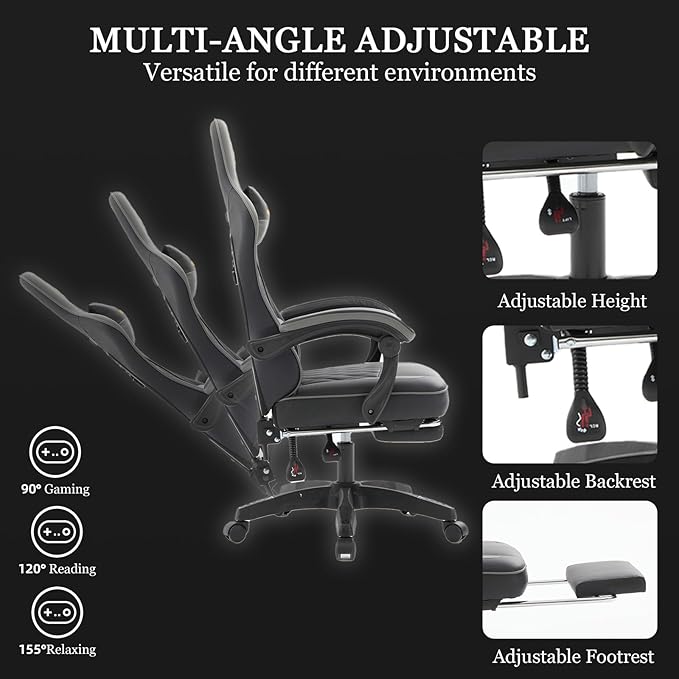 Ergonomic Gaming Chair with Footrest and Lumbar Support High Back Reclining PU Leather Computer Chair with Headrest and Linkage Armrests Swivel Height Adjustable Office Gamer Chair for Adults (grey)