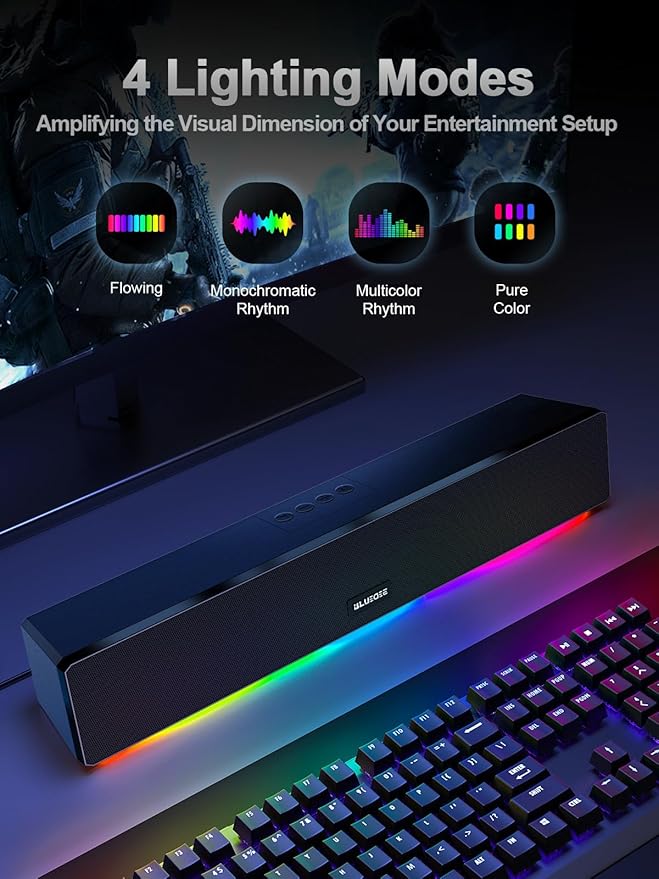 Computer Speakers 24W Bluetooth Computer Soundbar 3.5mm Aux-in Computer Speakers for Desktop Monitor Computer Sound Bar with Deep Impactful Bass Gaming Speakers for PCLaptopTablet