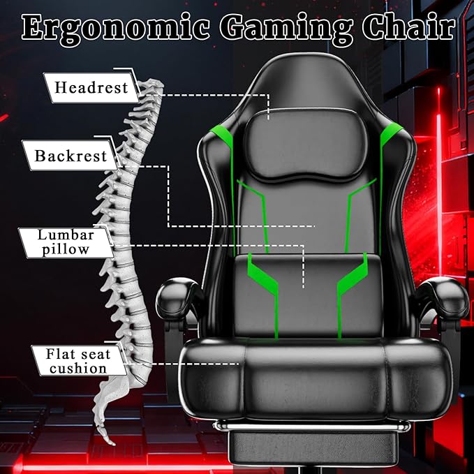 Gaming Chair with Pocket Spring Cushion and Footrest Ergonomic Computer Chair for Adults Breathable PU Leather Game Chair Adjustable Headrest and Lumbar Support Office Desk Chair