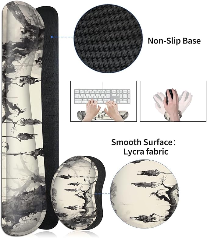 JVGFYNKL Large Gaming Mouse Pad Set Ergonomic Memory Foam Keyboard Wrist Rest Support + Mouse Wrist Rest + Extended Desk Mat with Non-Slip Rubber Base Skeleton Pattern Desk Pad