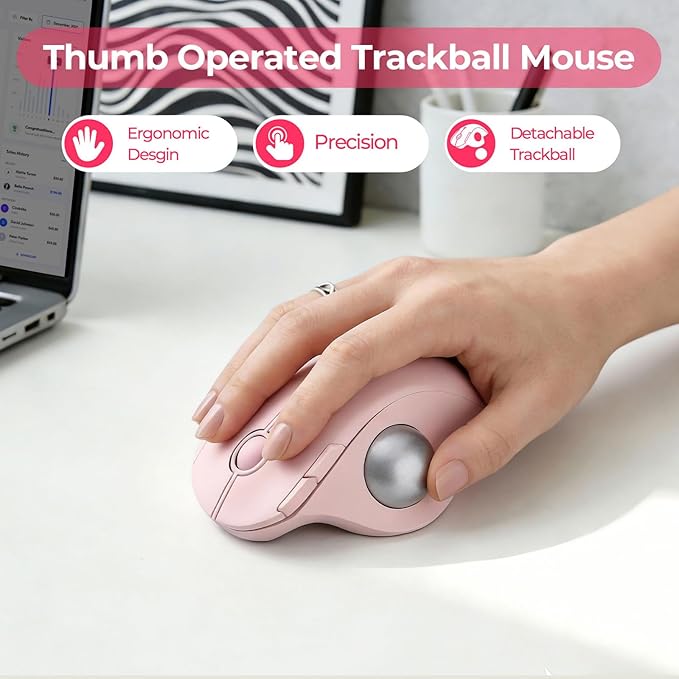 seenda Wireless Trackball Mouse Bluetooth - Ergonomic Rollerball Mouse Rechargeable 3 Device Connection Optical Mice Adjustable DPI Thumb Control Mice Compatible for Mac/Android/Windows - Rose Pink