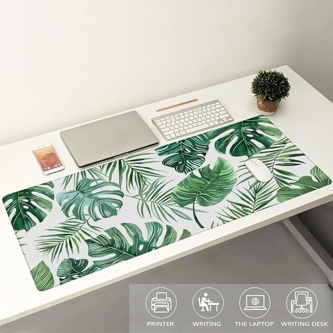 Summer Palm Leaf Large Mouse Pad Gaming Mousepad Desk Mat for Desktop Computer Keyboard Waterproof Mouse Mat Desk Pad with Non-Slip Base for Game School Office Home 35.4 x 15.7