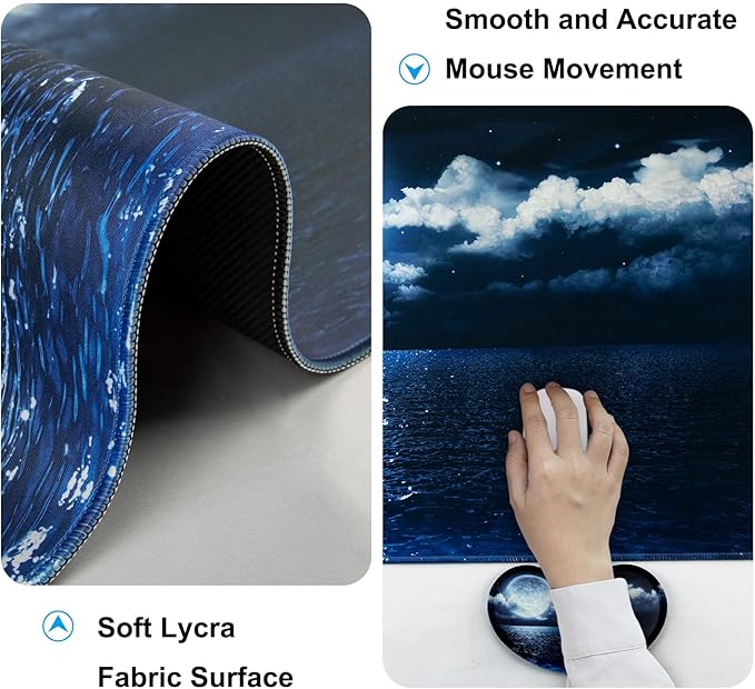 Keyboard Wrist Rest + Mouse Pad with Wrist Support + Desk Mat + Coaster 4 in 1 Set XXL Large Gaming Mousepad Cute Ergonomic Mouse Pads for Desk Computer Laptop Office Decor-Moon Ocean