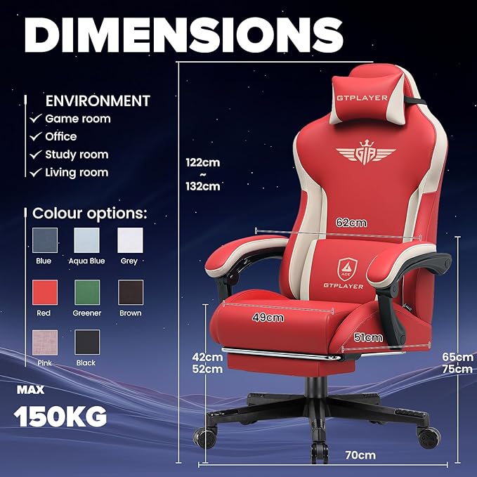 GTPLAYER Gaming Chair Computer Office Chair Lumbar Support Linkage Armrests and Footrest Ergonomic Game Chair for Adults with Extended Backrest Faux Leather Red