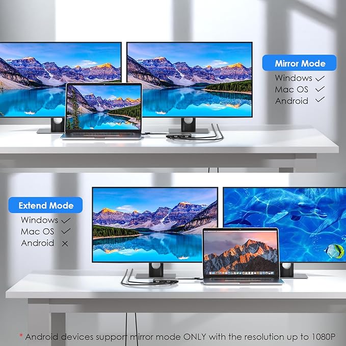 WAVLINK USB C and USB 3.0 to Dual 4K DisplayPort/HDMI Adapter Displaylink Monitor Splitter Extended Display for Dual Monitor 4K@60Hz HDMI/DP Splitter Compatible with Mac M1-M4Window Laptop-Black