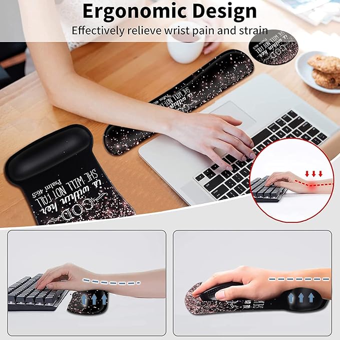 Ergonomic Gel Mouse Pad with Wrist Support Memory Foam Keyboard Wrist RestNon-Slip PU Base for Home Office Working Studying Easy Typing &amp Pain Relief Rose Gold Glitter Black Mouse Pad Psalm 46-