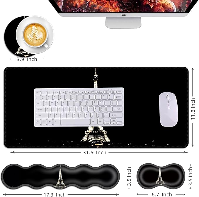 Mouse PadLarge Desk Mat Set 4in1 XL Mousepad + Keyboard Wrist Rest+Mouse Wrist Rest+Coaster with Ergonomic Desk Pad for Home Office Table Computer Cover -Eiffel Tower at Night