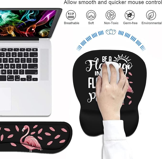 Mouse Pad Wrist Support and Keyboard Wrist Rest Set with Coasters Inspirational Quote Be a Flamingo in a Flock Pigeons with Non-Slip PU Base Ergonomic Mousepad for Computer Laptop Home Office