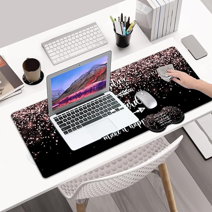 Desk Pad Extended Large Mouse Pad with Stitched Edges (31.5X11.8In) Ergonomic Mouse Wrist Rest Support Waterproof Computer Keyboard Mouse Mat Rose Gold Glitter Quotes XXL Black Gaming Mouse Pad