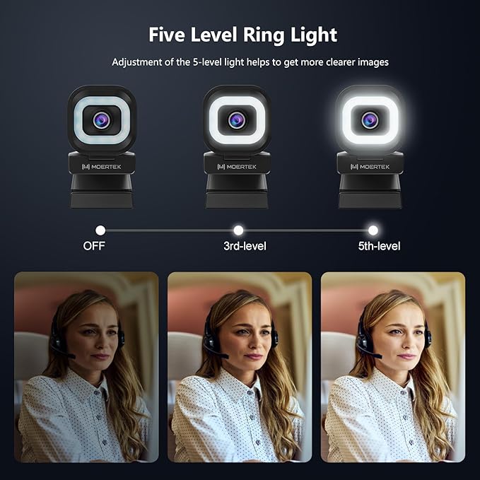 4K Webcam with 5-Level LED Light 12MP Camera USB Webcam with Dual Noise-canceling Microphones PDAF Fast Auto Focus Remote Control 360° Rotation Perfect for Live streaming Online Meeting