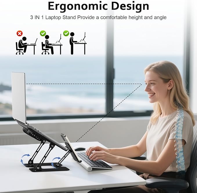 Laptop Cooling Stand with Detachable Fan2-IN-1 Laptop Stand with Phone Holder and Silent FansAdjustable Height and AngleCarbon Steel FrameworkLaptop Cooling Pad for up to 16”Laptop (Black)