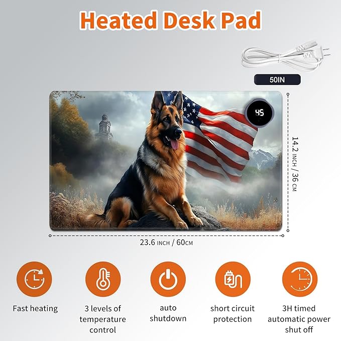 Heated Mouse PadWarm Desk Pad with 3 Levels Heating &amp 3 Hours Auto Shut-Off PU Leather Heated Desk Pad Warmer Pad for Home Office - 23.6 x 14.2 inchGerman Shepherd Flag