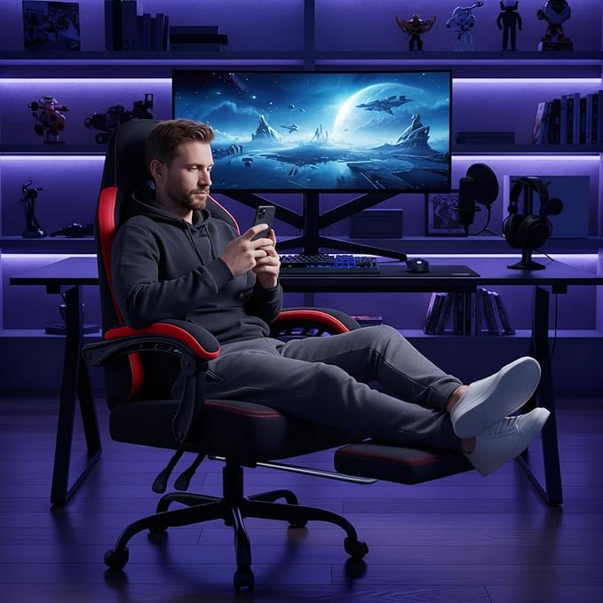 LEMBERI Gaming Chair Fabric Big and Tall Video Game Chairs for Adults with FootrestRacing Style Ergonomic Computer Gamer Chair with Headrest and Lumbar Support (Red)