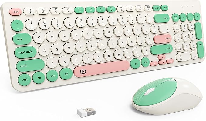 FD Wireless Keyboards and Mouse Combo - 2.4GHz USB Cordless Cute Wireless Keyboard Round Keys Quiet and Slim Set for Laptop Computer TV and Mac - Milky White Green Colorful