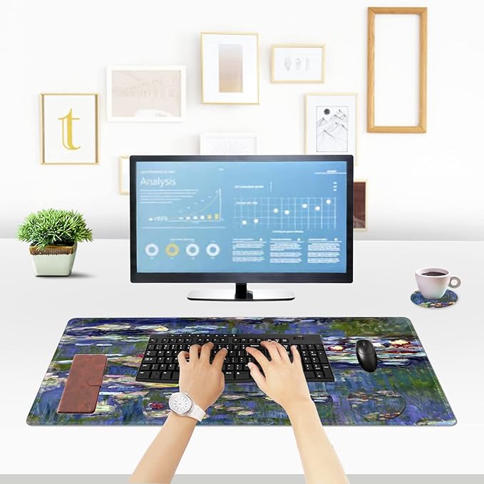 ToLuLu Extended Gaming Mouse Pad Memory Foam Ergonomic Keyboard Mouse Wrist Rest Support Set Large Desk Mat with Stitched Edges Non-Slip Base Mousepad for Home Office Game Monet Water Lilies