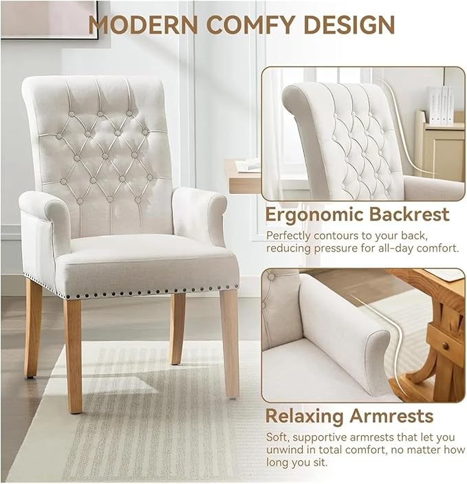 Adjustable Office Computer Chair with Armrest Solid Wood Leg Upholstered Tufted High Back Dining Room Decorate Fabric Chair with Arms(Beige)