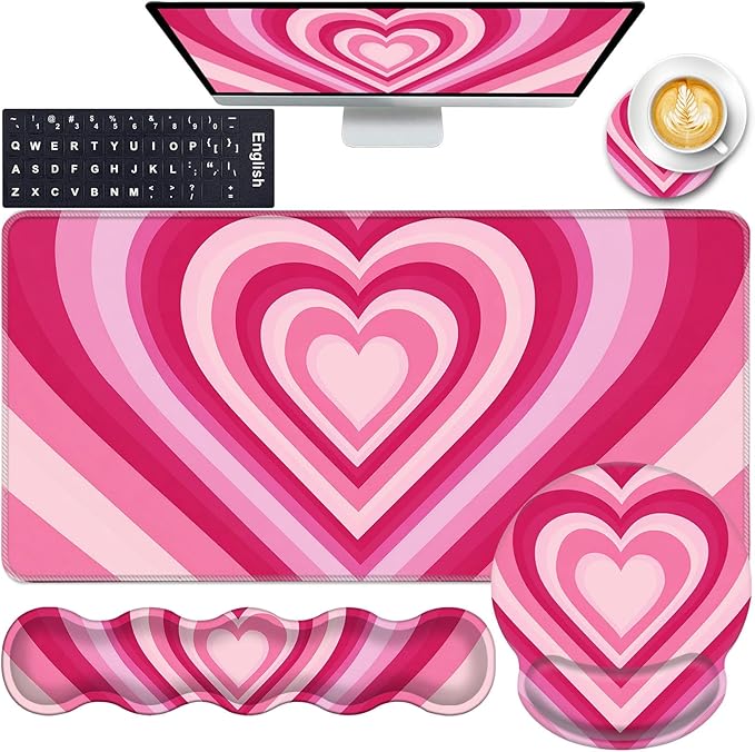 Mouse PadLarge Pink Desk Mat 4in1 XXL Mousepad + Keyboard Wrist Rest+Mouse Wrist Rest+Coaster Set with Ergonomic Desk Pad for Home Office Table Computer-Heart Pink