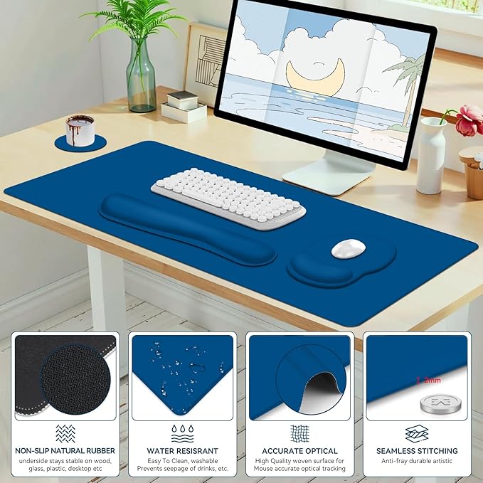 4 PCS Mouse Pad Desk Mat Protector Keyboard Wrist Rest + Comfortable Mouse Pad with Wrist Rest +Coaster Large Gaming Mousepad for Computer Laptop 35.4X 15.7 Deskpad for Office Home I Dark Blue