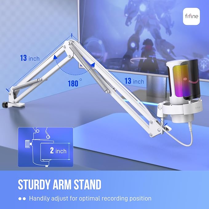 FIFINE Gaming PC USB Microphone Kit Condenser RGB Mic with Metal Boom Arm Mute Gain Knob Headphones Monitoring Streaming Microphone Bundle for PS4/PS5 YouTube Discord Twitch-A8T White