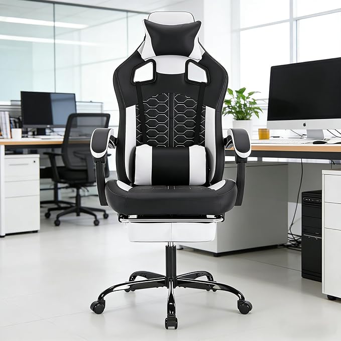 Computer Chair Gaming Gaming Chair with Massager Ergonomic High Back Racing Style Chair with Padded Armrests and Headrest for Long Sessions Work Game (Black White)