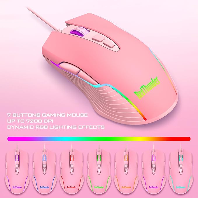 RedThunder K10 Wired Gaming Keyboard and Mouse and Wrist Rest Combo RGB Backlit Mechanical Feel Anti-ghosting Keyboard + 7D 7200 DPI Mice+Soft Leather Wrist Rest 3 in 1 PC Gamer Accessories(Pink)