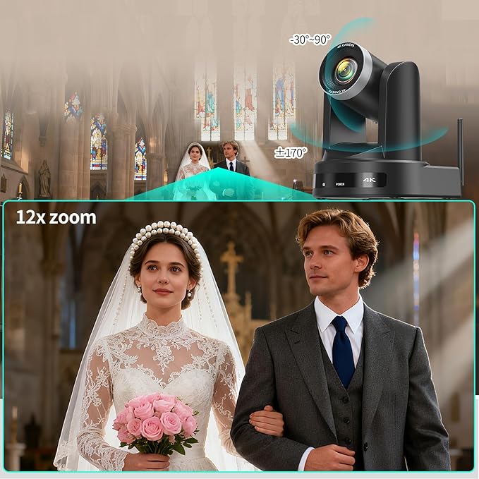 4K Wireless PTZ Camera AI Auto Tracking Wireless/USB3.0/LAN Video Conference Camera 12X Zoom Low-light Enhancement IP Live Streaming for Church Education and Conferences OBS vMIX Easy Setup
