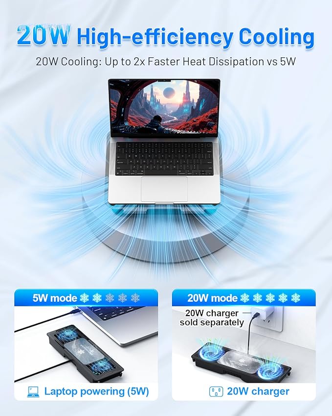Laptop Cooling Pad with Detachable Fan &amp Thermoelectric Cooler Adjustable Height &amp Angle 360 Rotation Base Carbon Steel Framework Ultra-Quiet &amp Super Sturdy for up to 15.6” Laptop
