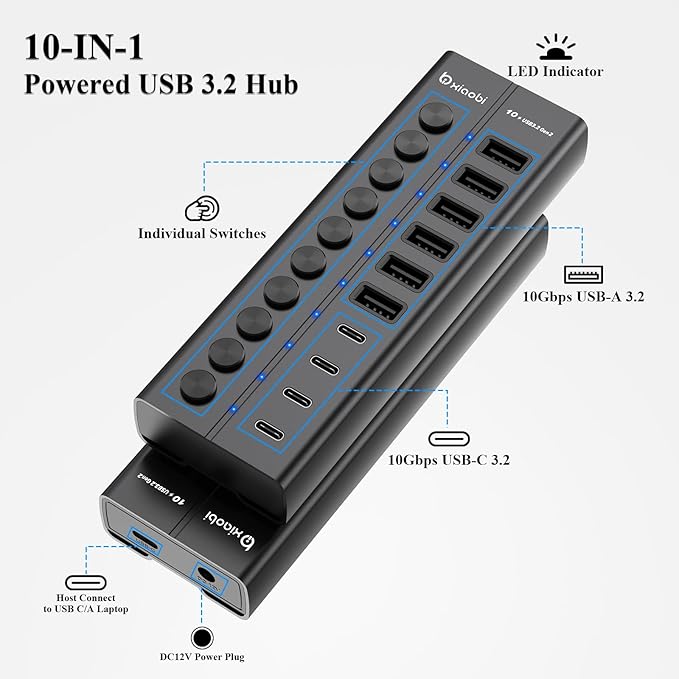 Powered USB Hub 10-Port USB C Hub with 6 USB-A 3.2 4 USB-C 3.2 Ports Individual Switches and 12V/5A Power Adapter Aluminum USB Extension for MacBook Laptop/PC and More(Black)