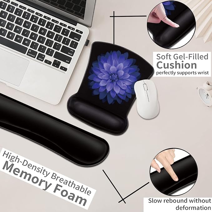 Computer Mouse Desk Pad and Keyboard Wrist Rest Watercolor Purple Flowers Beautiful Office Accessories Desktop Decoration Wireless Black MousePad for Women Typing Playing Games in The Office